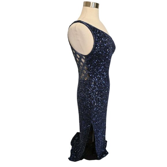 90s Vintage Fully Beaded Gown Blue Scala Size XL Silk One Shoulder - Picture 3 of 9